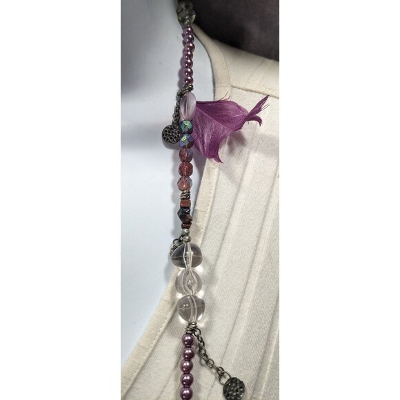 Bohemian Purple And Silver Tone Charm And Feather Beaded Necklace - Picture 3 of 10